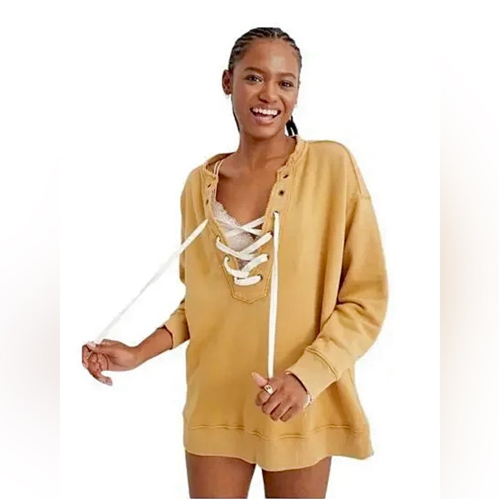 Aerie Sweatshirt Womens Sz M Yellow Gold Lace Up Oversized Beachy Pullover